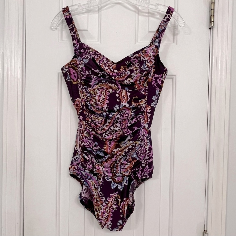 Miraclesuit paisley print ruched front slimming modest 1 piece swimsuit, 10.